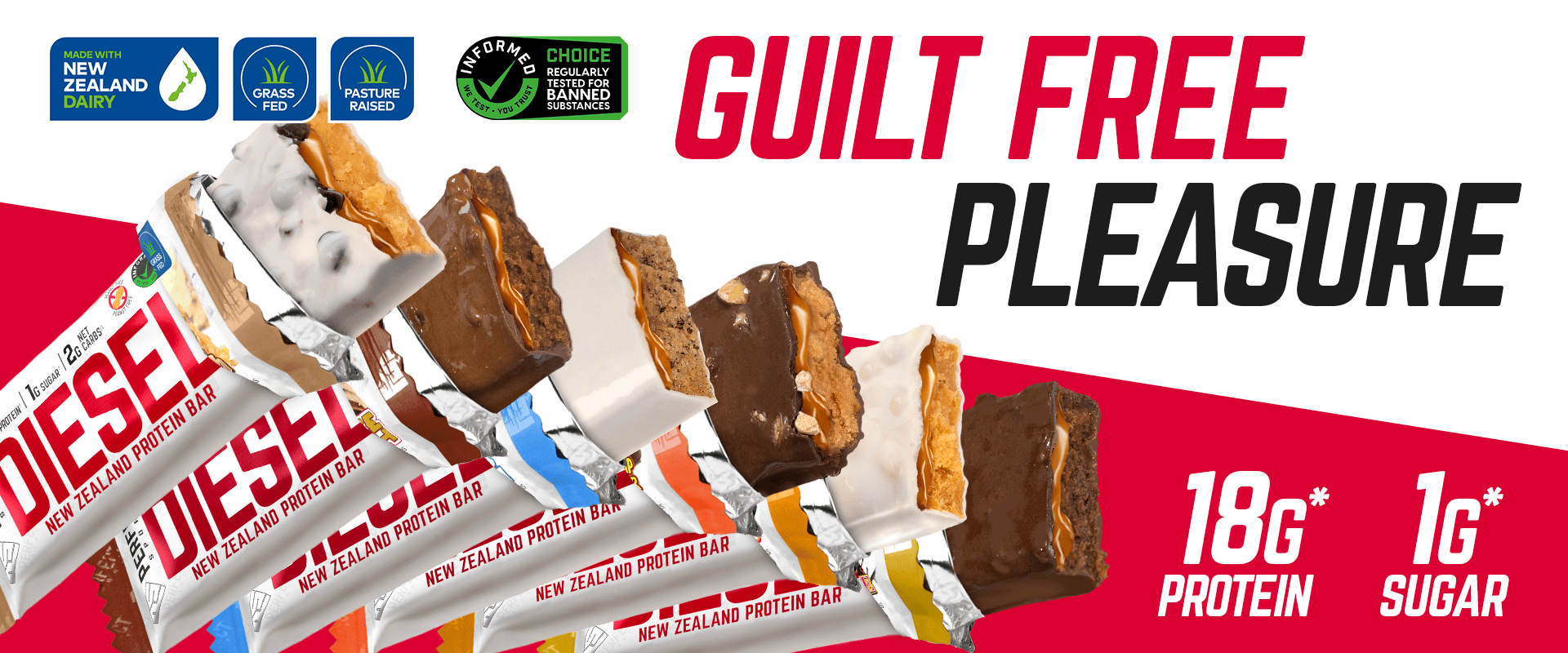 A promotional advertisement for New Zealand Dairy protein bars featuring six assorted flavored bars arranged diagonally. The image highlights that the bars are guilt-free pleasure, with 18 grams of protein and 1 gram of sugar per bar. The packaging is white with red accents, and the bars have various coatings and fillings, including chocolate and caramel. The advertisement emphasizes that the product is grass-fed, pasture-raised, made with New Zealand dairy, informed choice approved, and free of banned substances.