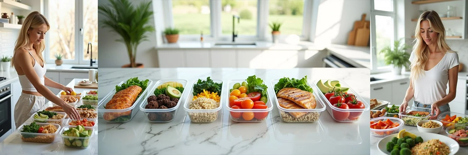 A woman preparing salads in a bright modern kitchen with a marble countertop, with fresh vegetables and prepped ingredients in containers.