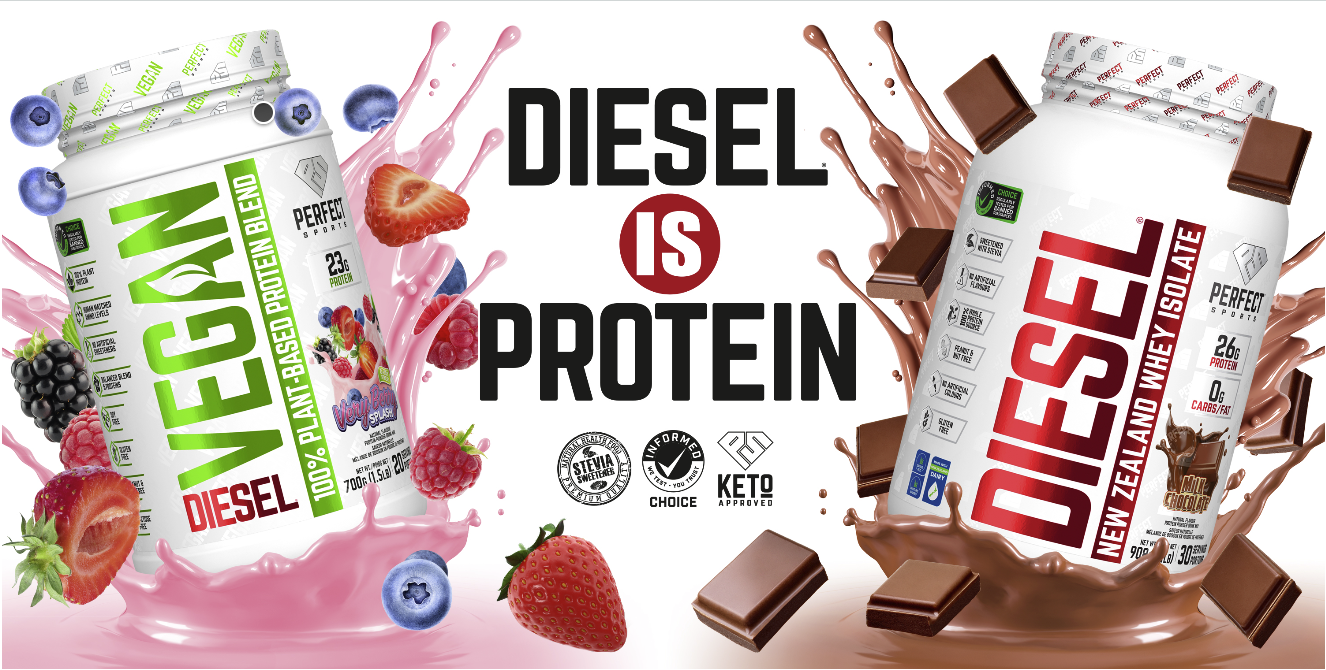 Comparison of plant-based protein and whey protein supplements with fruit and chocolate splashes.