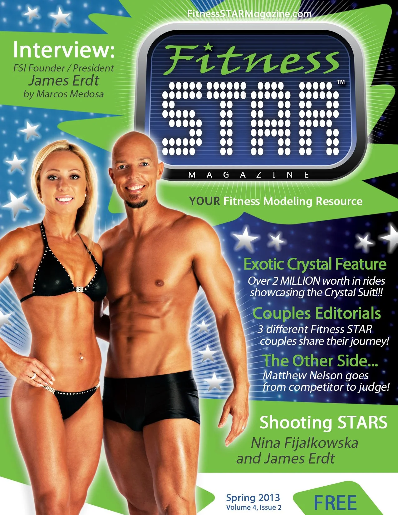 Cover of Fitness STAR Magazine, Spring 2013, featuring a man and woman in fitness attire against a background with stars and green accents. The magazine advertises an interview with James Erdt, features about exotic crystal rides, couples editorials, a segment with Matthew Nelson, and shooting stars with Nina Fijalkowska and James Erdt.