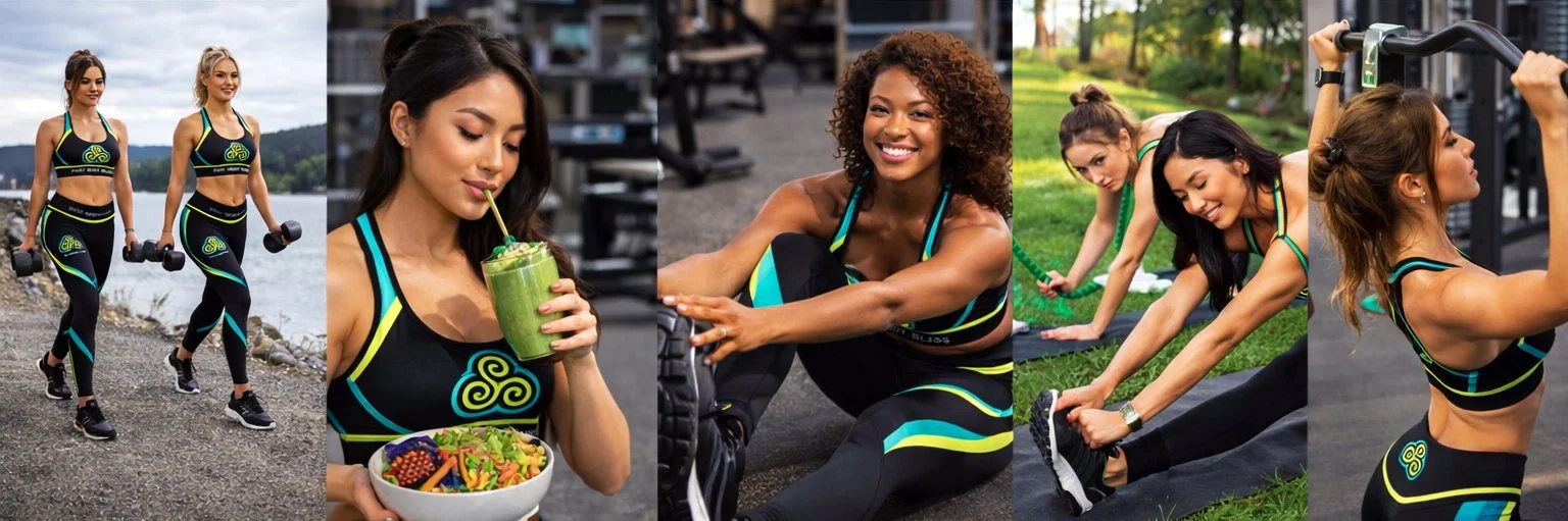 Collage of women engaging in outdoor fitness activities and eating healthy, wearing matching sportswear with a green, black, and yellow design.