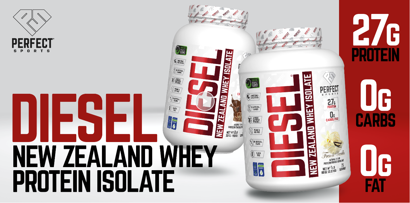 Two containers of Diesel New Zealand Whey Protein Isolate with labels indicating 27g of protein, 0g carbs, and 0g fat. The containers are white with red and black text and are placed against a background that is gray and red. The brand logo and product details are visible on the labels.