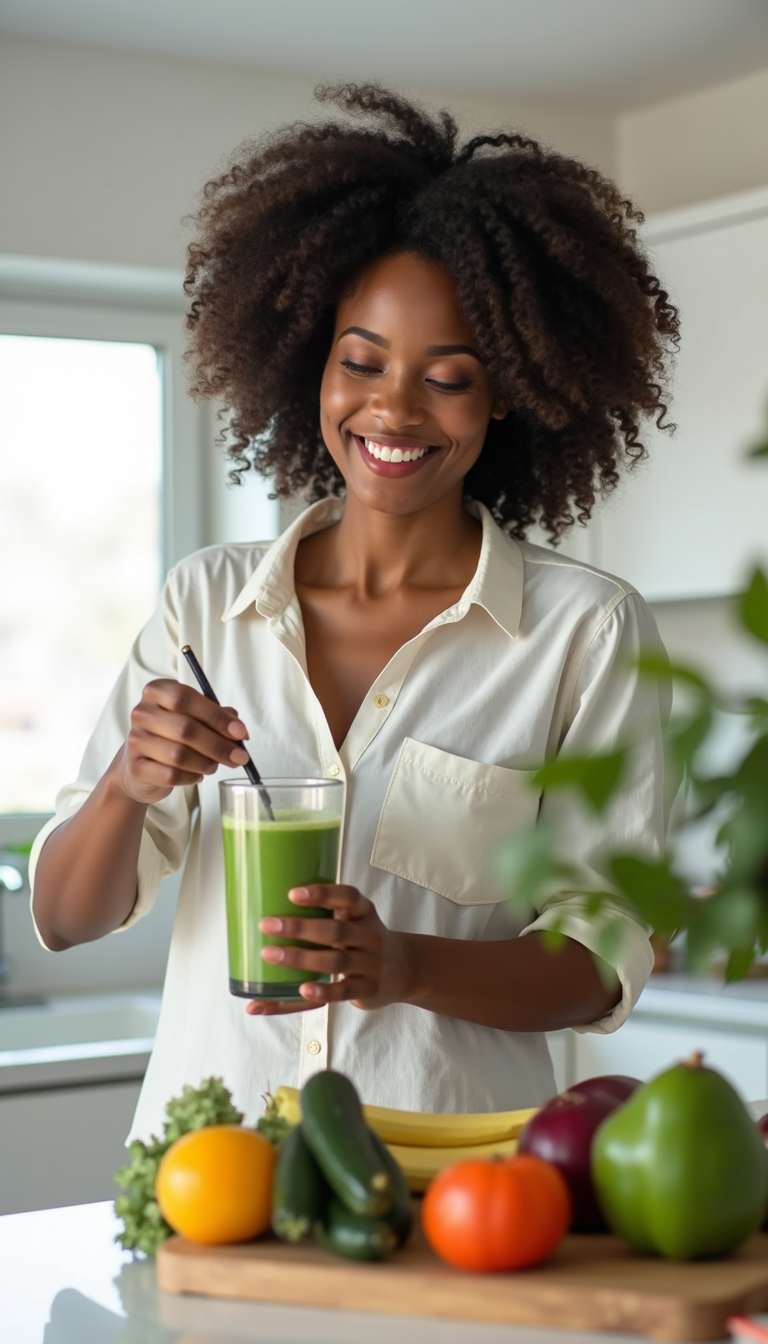 A woman with curly hair smiling while preparing a green smoothie in a kitchen, with various fruits and vegetables on a cutting board in front of her.