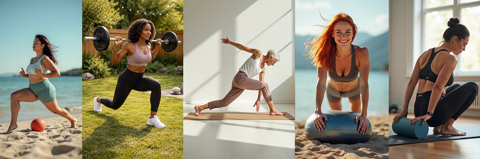 A collage of five women performing different exercises: jogging on the beach, lifting a barbell in a backyard, practicing yoga indoors, doing a plank on a balance disc outside, and stretching with a foam roller indoors.