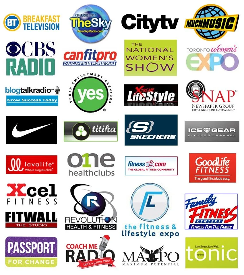 A collage of various logos from James Erdt's client portfolio, representing TV, radio, fitness, wellness, and entertainment brands and organizations.