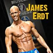 Muscular man with a shaved head smiling at a bodybuilding competition, with a black background and yellow text reading "James Erdt".