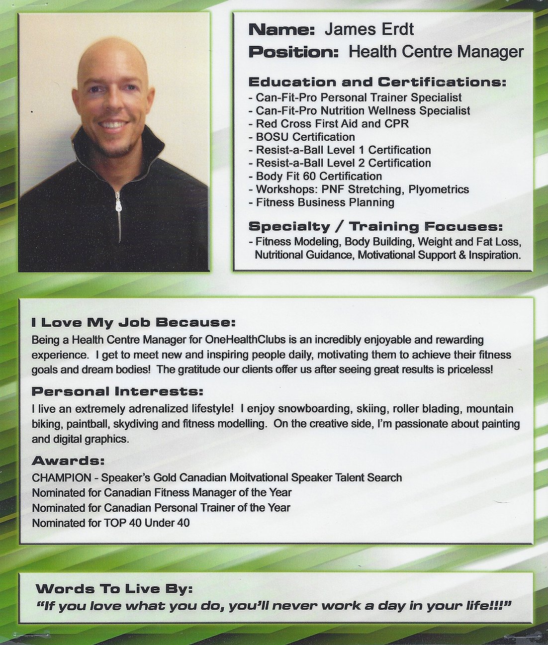 Profile of James Erdt, a health center manager and fitness professional. Displays his photo, certifications, interests, awards, and motivational quote.