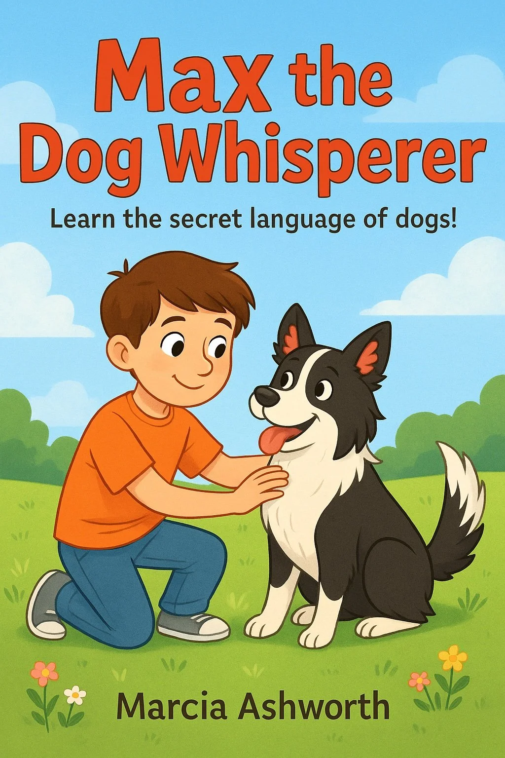 Book cover titled 'Max the Dog Whisperer' by Marcia Ashworth, featuring a cartoon boy kneeling with a black and white dog in a grassy, outdoor setting with clouds and trees in the background.