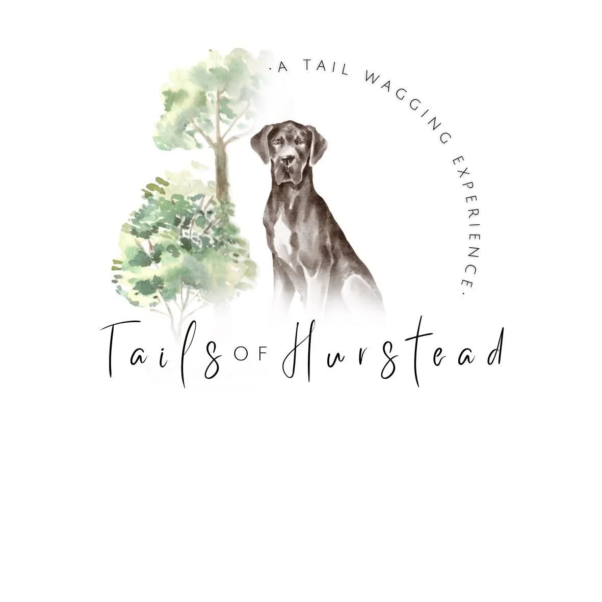 Watercolor illustration of a dog sitting in front of a tree with the text 'A Tail Wagging Experience. Tales of Hurstead'.