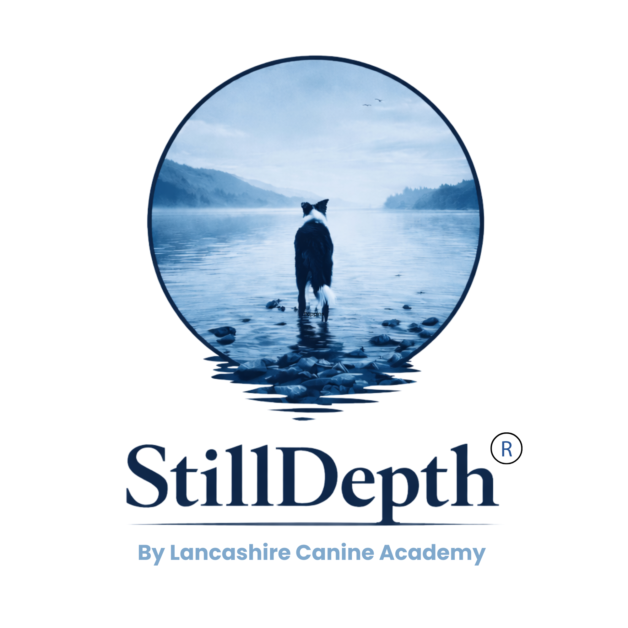 A dog sitting on a rocky beach facing a river, with mountains and a cloudy sky in the background, with the logo and text 'StillDepth' overlaid.