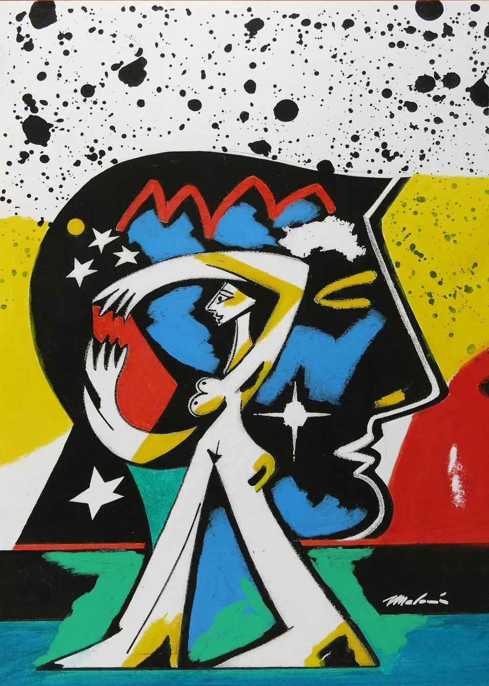 Abstraktes Gemälde mit einer stilisierten weiblichen Figur, die ein Telefon hält, im Hintergrund farbige Formen und Farbkleckse