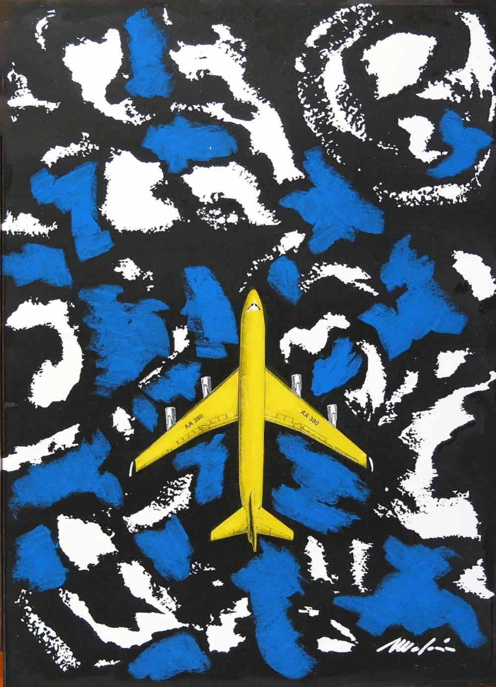 Ein gelbes Flugzeug, das nach oben blickt, fliegt über eine abstrakte, schwarze, weiße und blaue Hintergrundlandschaft.