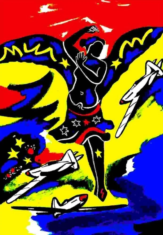 Stilisiertes Kunstwerk mit einer Frau mit Schmetterlingsflügeln, umgeben von Flugzeugen, bunten Farben und Sternen, im Comic-Stil.