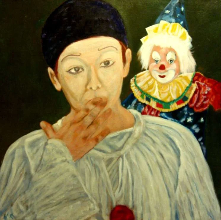 Ein Gemälde eines Mannes mit schwarzem Hut, der eine Hand vor den Mund hält, neben einem Clown mit weißem Gesicht, rot geschminkt, blauer Mütze mit Sternen, buntem Halsband und roter Jacke