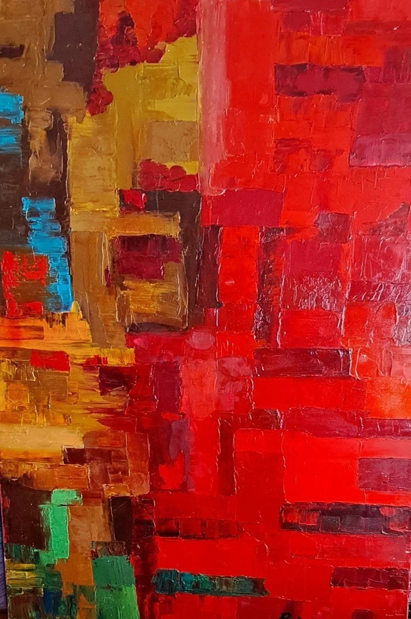 Abstraktes Gemälde mit kräftigen Farben, vor allem Rot, Gelb, Blau, Braun und Grün, in einer impressionistischen Malweise.