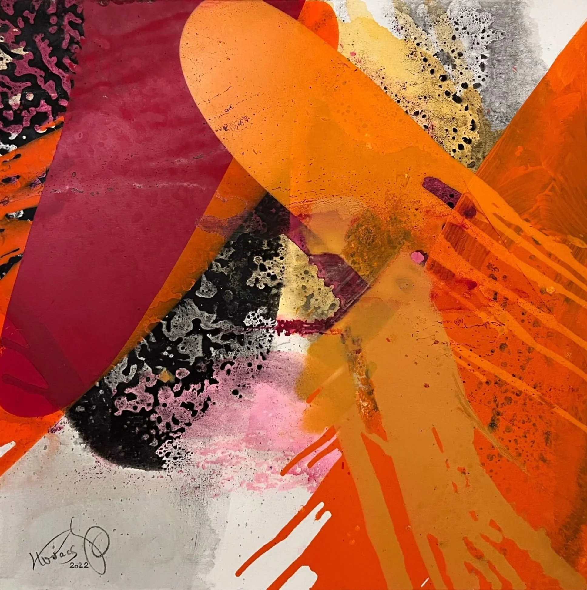 Abstraktes Gemälde mit rot, orange, gelb, schwarz und weiß Farben, diverse Pinselstriche, Spritztechniken und Texturen.