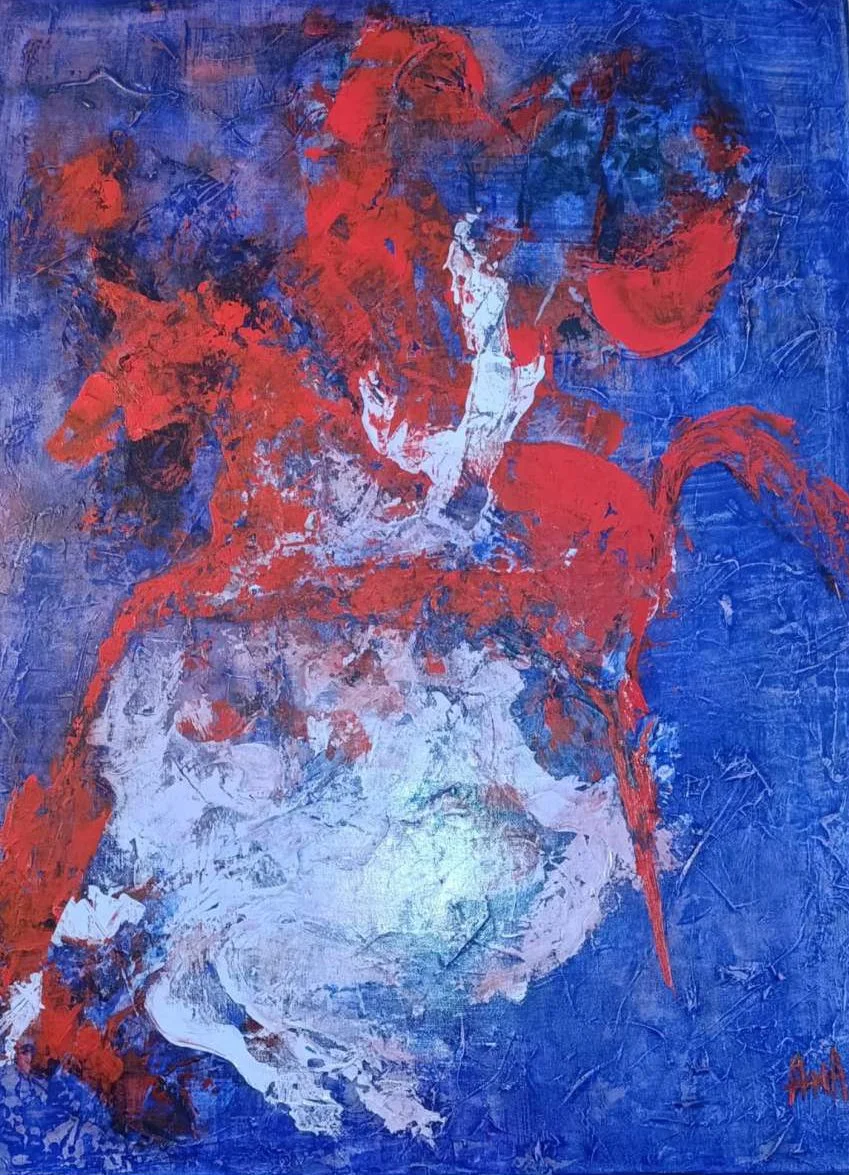 Abstraktes Gemälde einer nackten Frau im Stil von Expressionismus, mit dominierenden Farben Rot, Blau und Weiß.