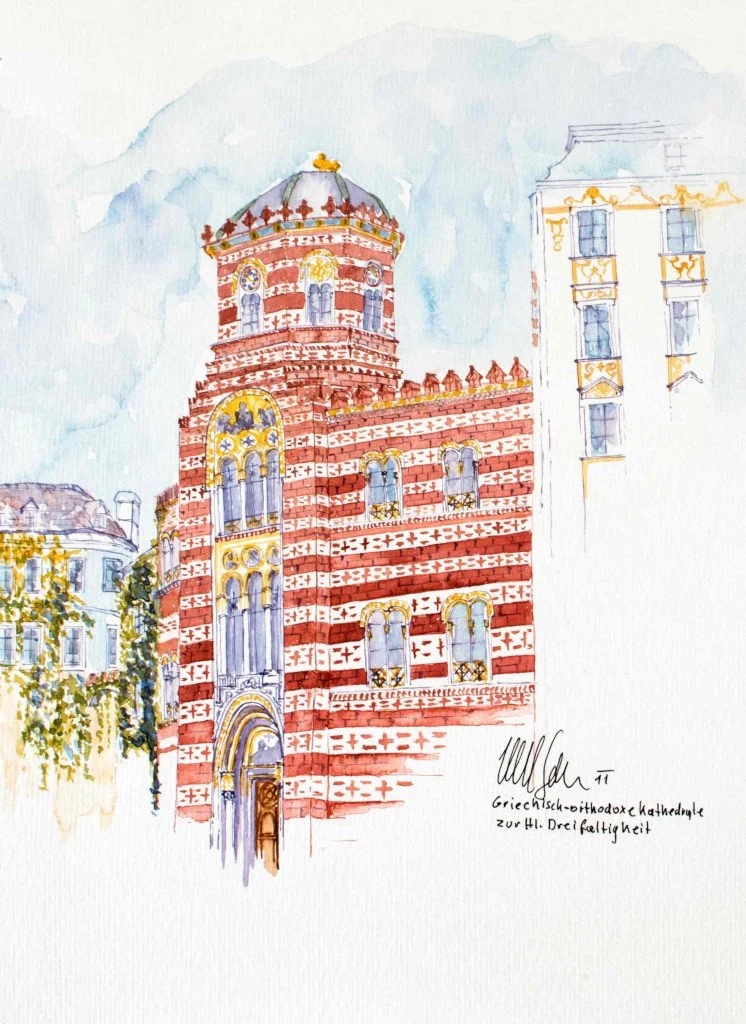 Aquarellzeichnung einer griechisch-orthodoxen Kathedrale mit rotem Backsteinmauer, goldenen Details und einer Kuppel in der Mitte. Es sind andere Gebäude im Hintergrund zu sehen.