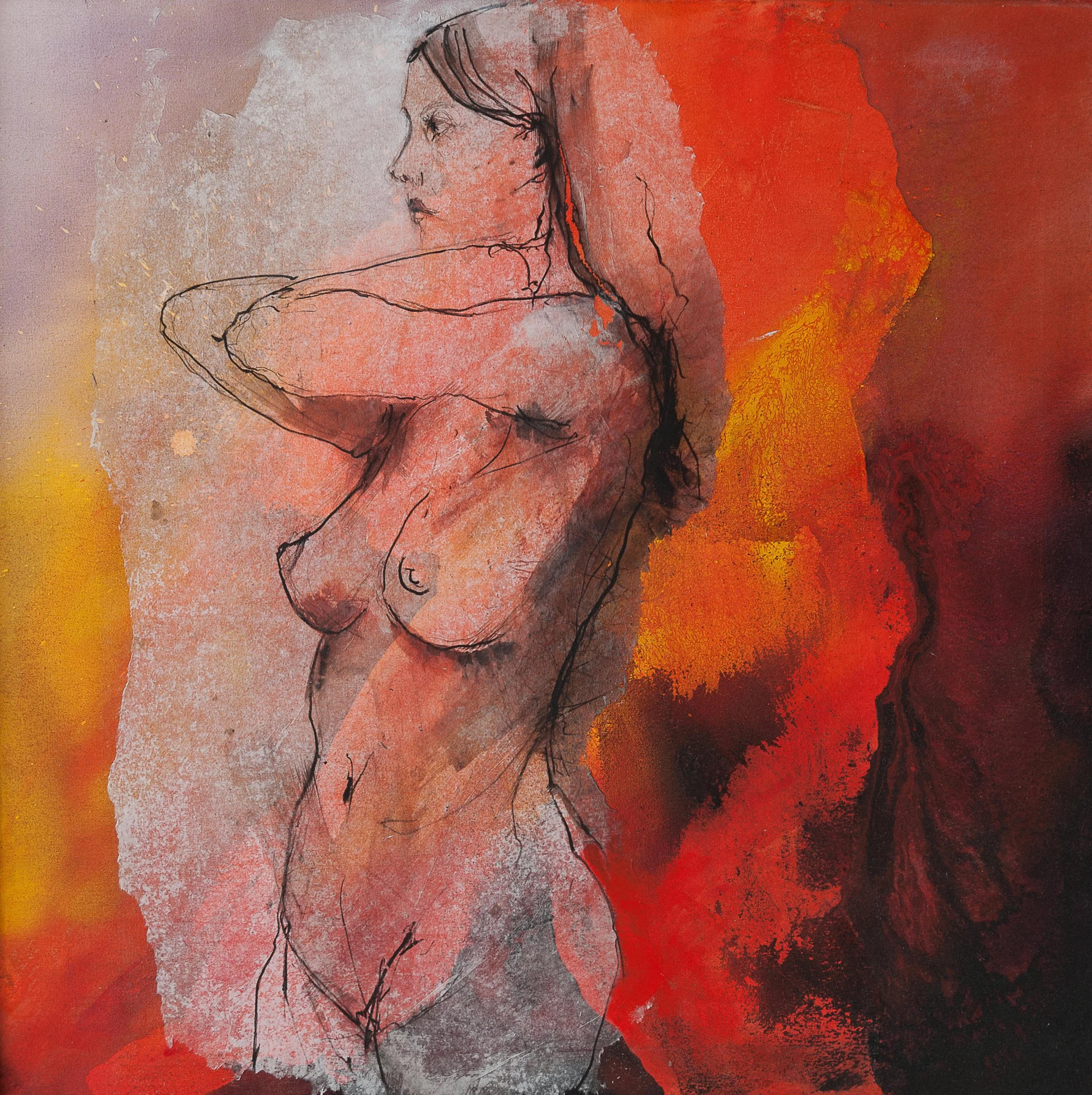 Ein abstraktes Kunstwerk eines weiblichen Aktes mit warmen Rot, Orange und Schwarztönen, kombiniert mit grafischen Linien und Texturen.