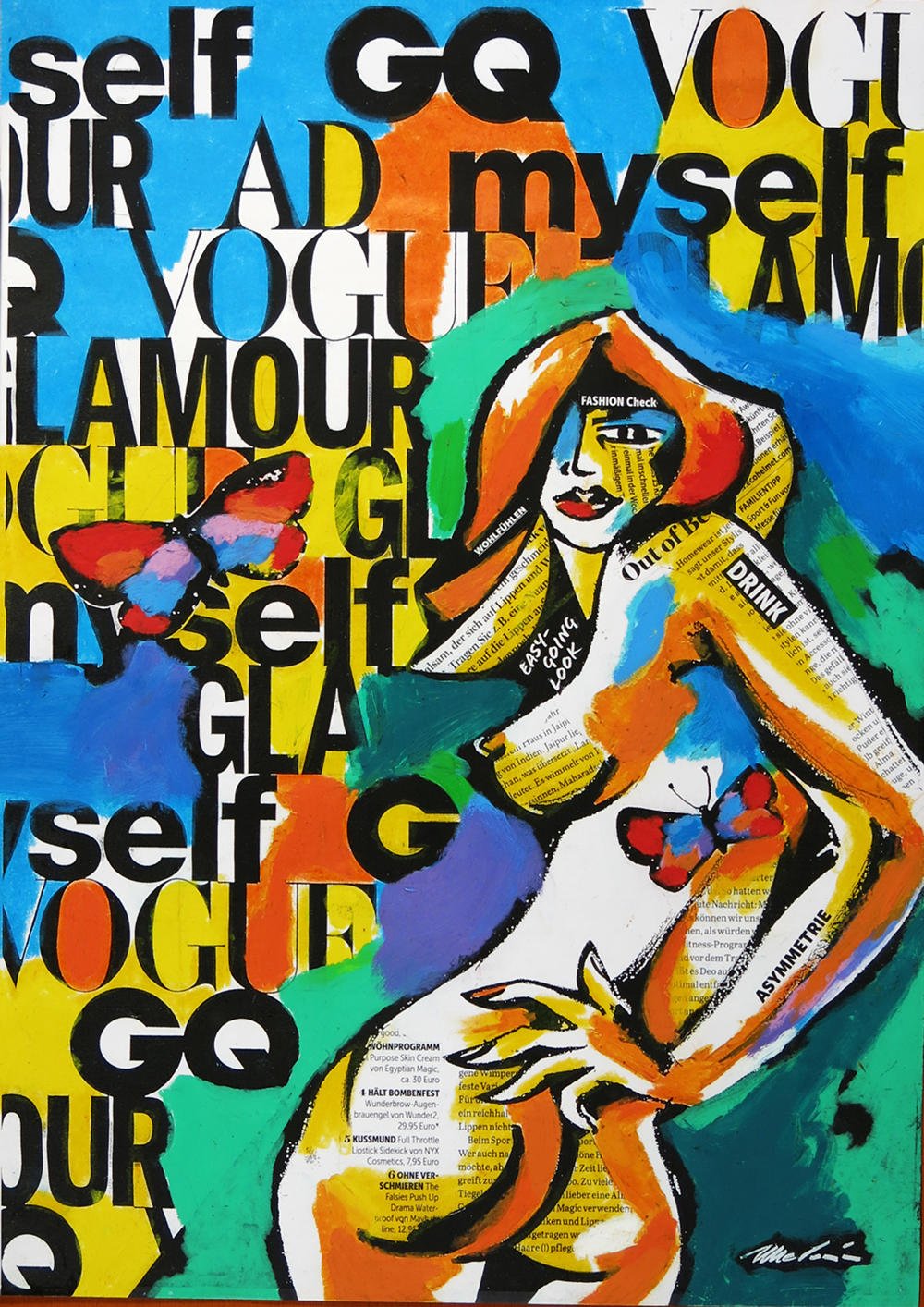 Abstraktes Wandbild mit Collage-Elementen, einer stilisierten Frauenfigur, bunten Farben, Sprüchen wie 'self', 'GQ', 'voud', und Schmetterlingen.