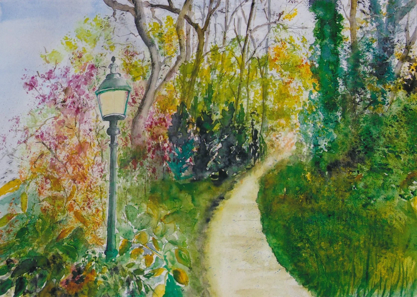 A watercolor painting of a garden path surrounded by colorful trees and bushes, with a lamp post on the left side.