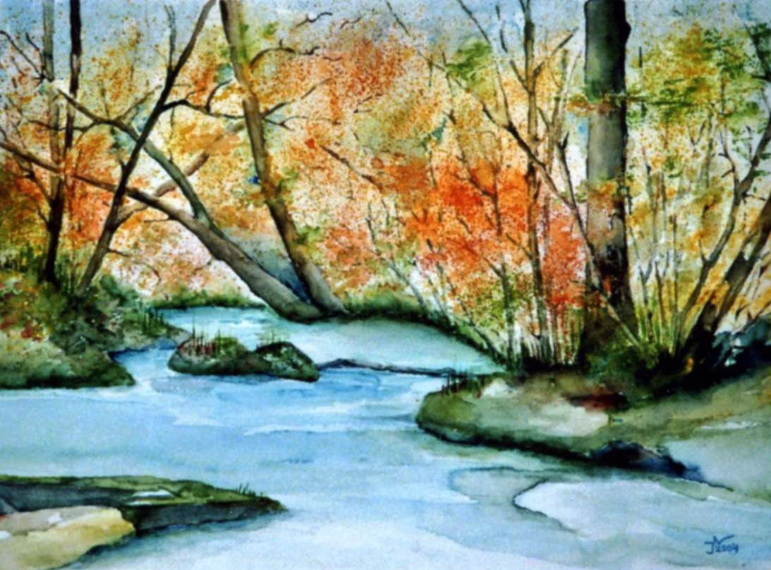 A watercolor painting of a river flowing through a forest with trees in Herbstfarben, orange, gelb und grün.