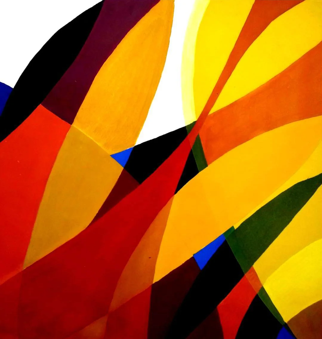 Abstraktes farbiges Gemälde mit roten, gelben, schwarzen, blauen, grünen und orangefarbenen Flächen.