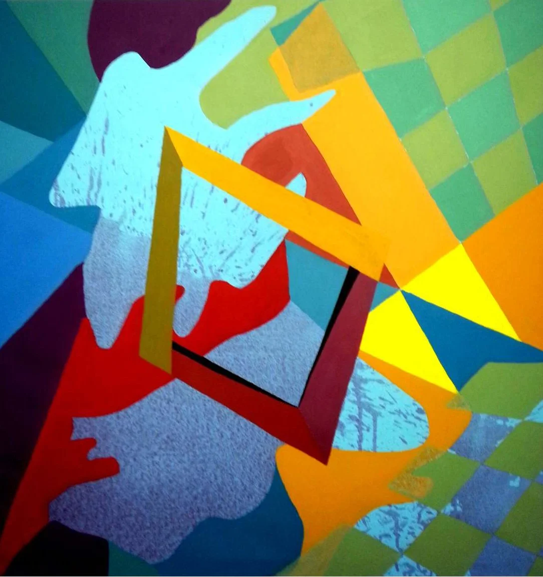 Abstrakte bunte geometrische Kunst mit verschiedenen Farbflächen und Formen.