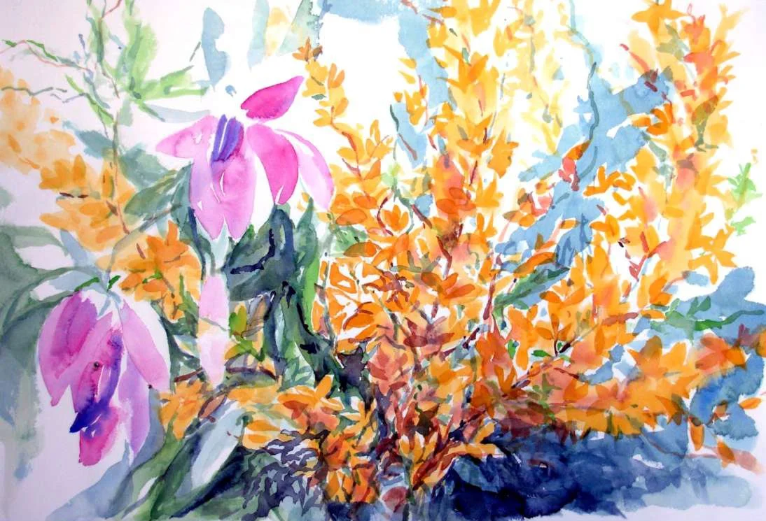 A watercolor painting of colorful flowers, including pink lilies and orange foliage.