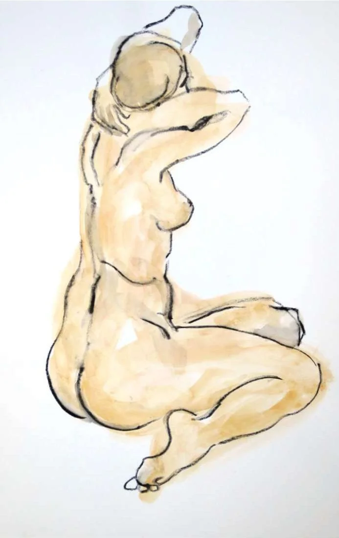 Zeichnung eines sitzenden nackten Menschen, der die Arme über dem Kopf hebt.