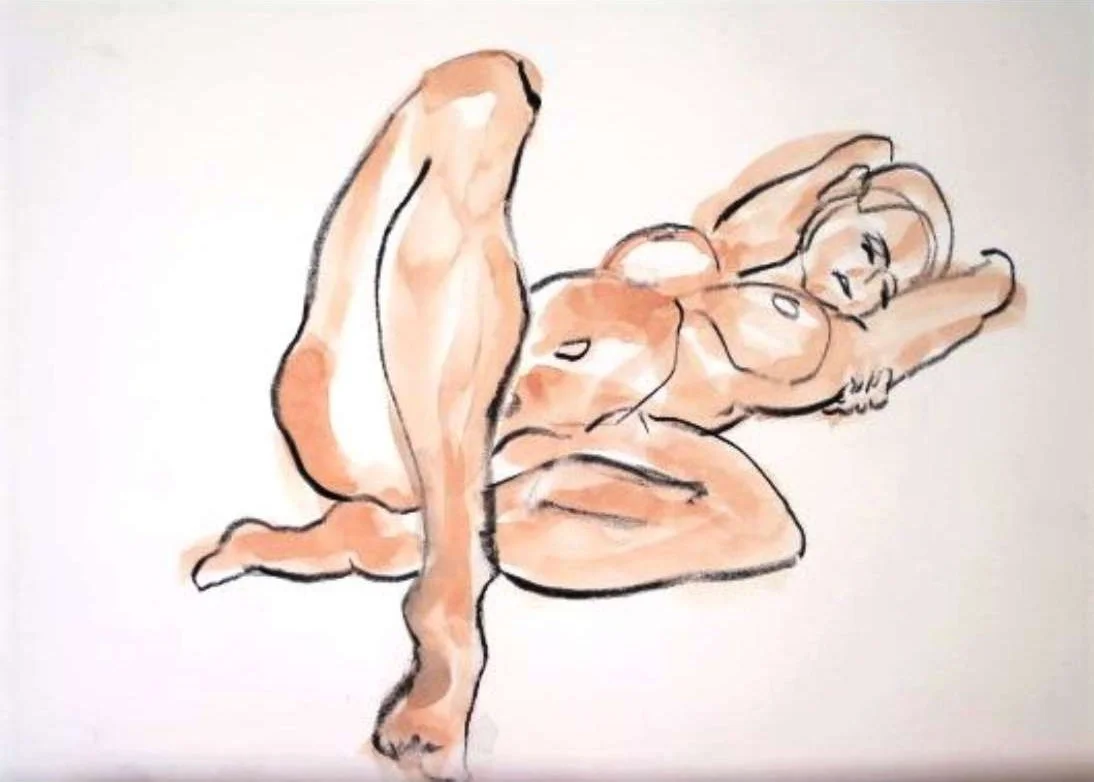 Skizze einer sitzenden, nackten Frau mit langen Haaren