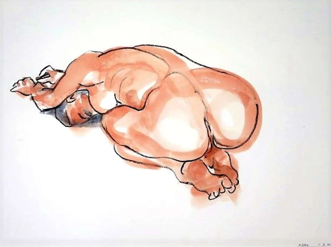 A line drawing of a curled-up, naked baby viewed from behind.
