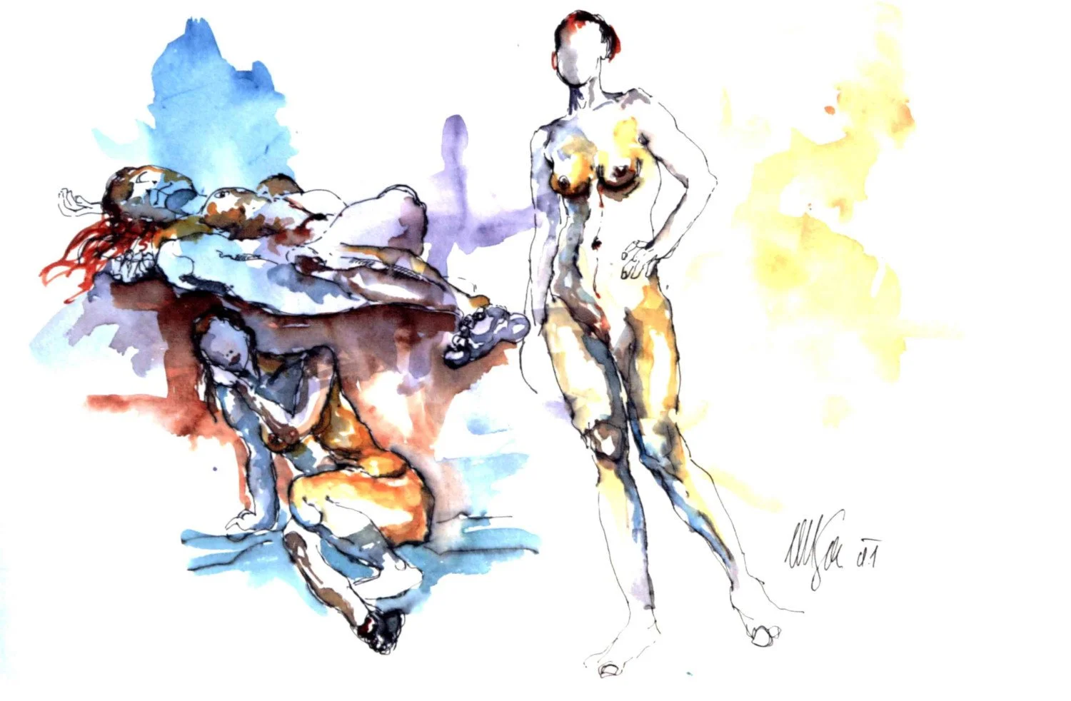 Aquarellartige Skizze von drei menschlichen Figuren. Zwei Frauen liegen auf einem Bett, eine auf der Seite, eine andere sitzt. Eine stehende Frau steht neben dem Bett, schaut nach vorne, mit wenig Details im Gesicht.