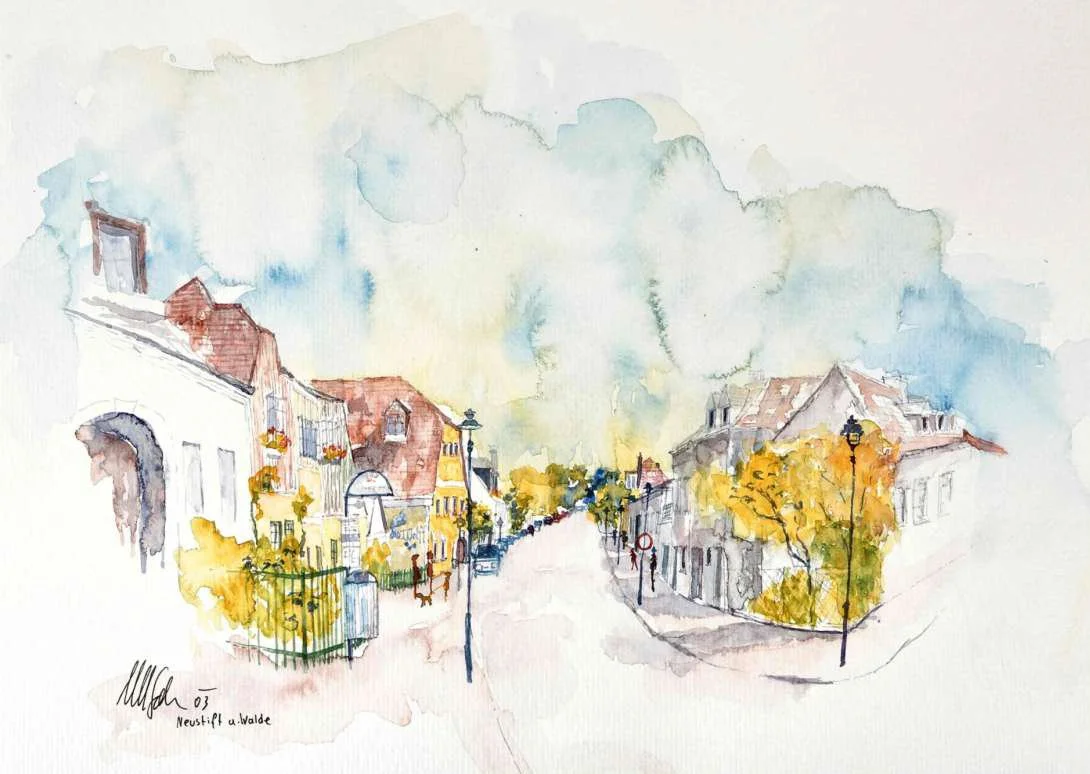 A watercolor painting of a quiet street with houses, street lamps, trees, and a cloudy sky.