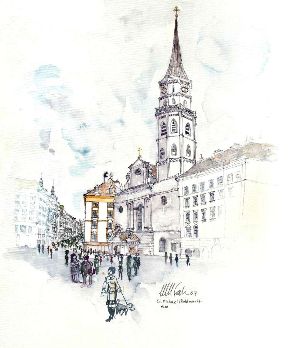 A watercolor drawing of St. Michael's Church in Wien, depicting the church tower and surrounding buildings with people in the square.
