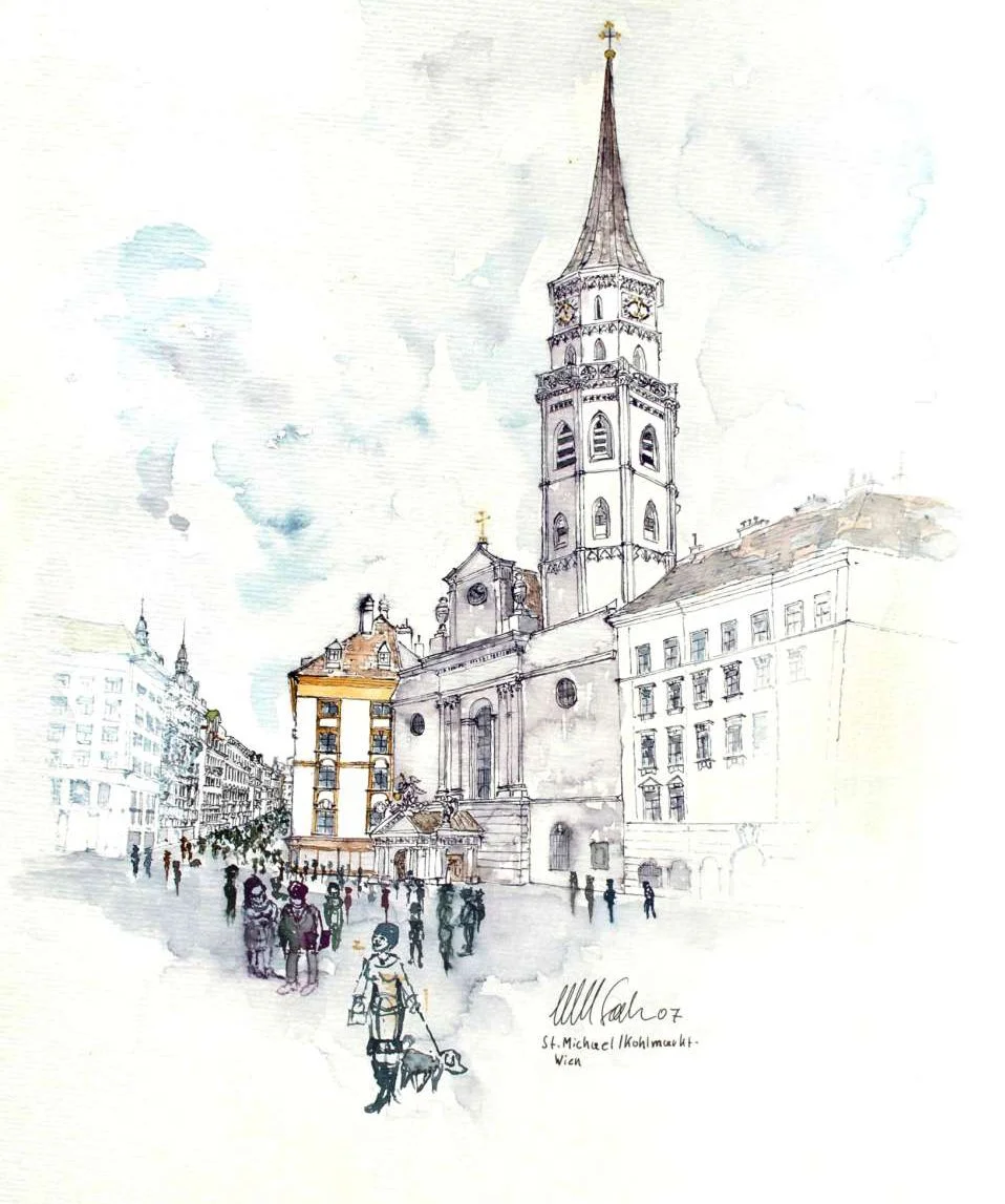 A watercolor illustration of St. Michael's Church and surrounding buildings in Vienna, Austria, with people walking in the square.