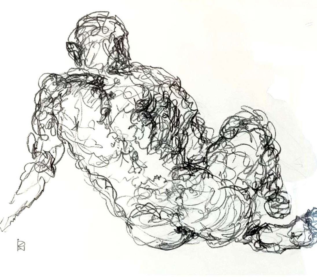 Skizze eines ruhenden Menschen, sitzend mit erhobenem Knie, im abstrakten, lockeren Zeichenstil.