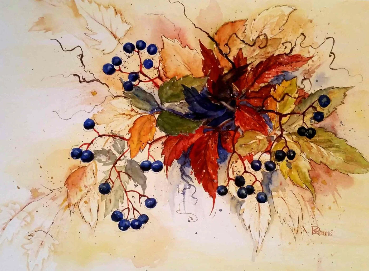 A watercolor painting of autumn leaves and dark berries arranged in a cluster.
