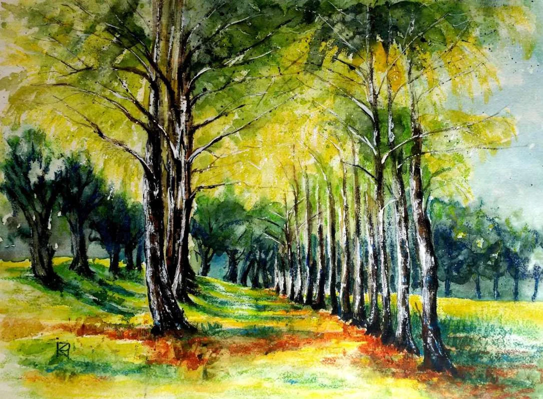 A watercolor painting of a forest path lined with tall trees, with green foliage and sunlight filtering through the leaves.