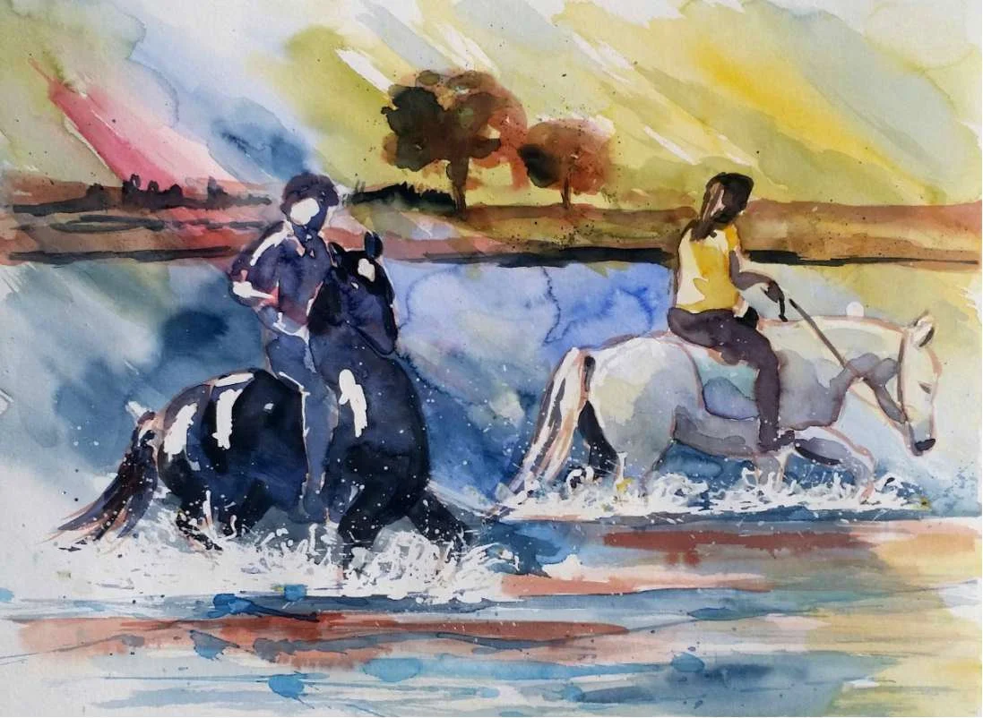A watercolor painting depicting two people riding horses across a shallow water body, with two trees and a landscape in the background under a light yellow and blue sky.