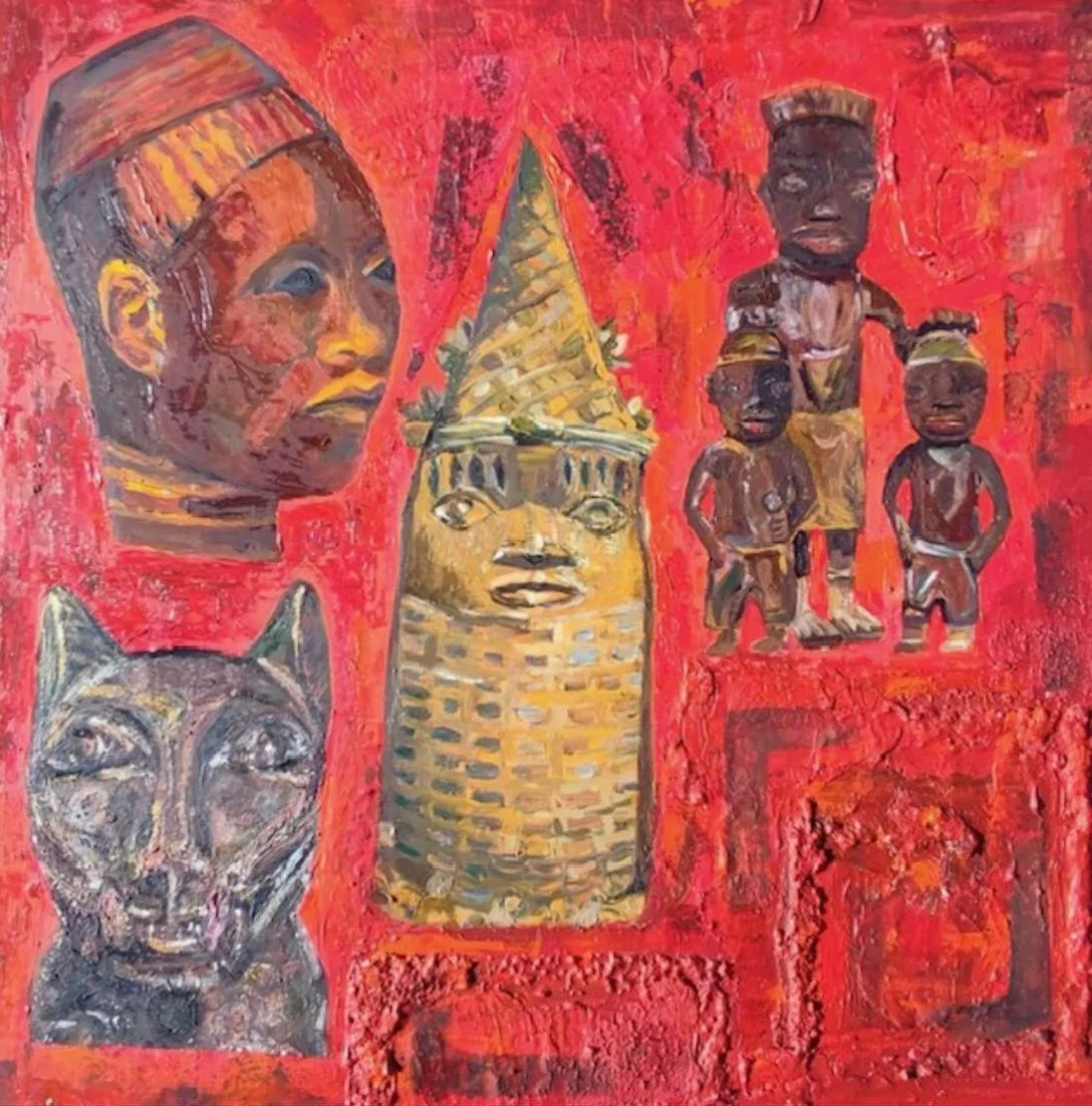 Ein farbenfrohes Gemälde mit mehreren afrikanischen Stammesfiguren, einschließlich einer Frau, eines Löwenkopfes, eines menschlichen Kopfes auf einem Turm, eines Mannes mit zwei Kindern und einem Tierkopf, alles vor einem roten Hintergrund.