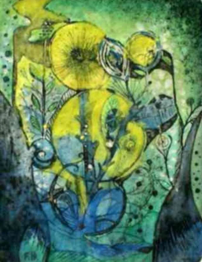 Abstratives Kunstwerk mit gelben und blauen Tönen, Darstellung einer Figur mit Sonnenbrille und umgeben von Pflanzen und Mustern.