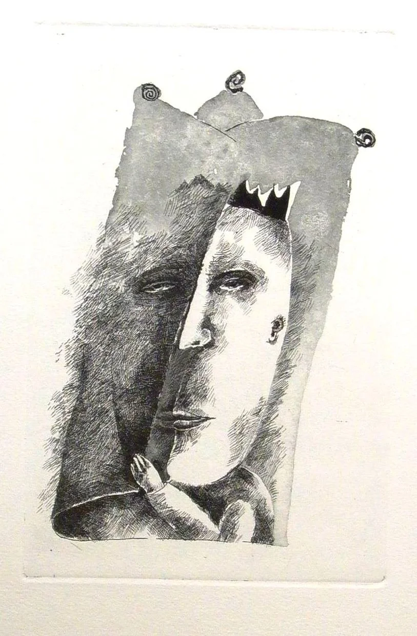 Schwarz-weiß-Zeichnung einer abstrakten menschlichen Gesichtskomposition mit zwei überlappenden Gesichtern und einer kleinen, lachenden Figur am unteren Rand.