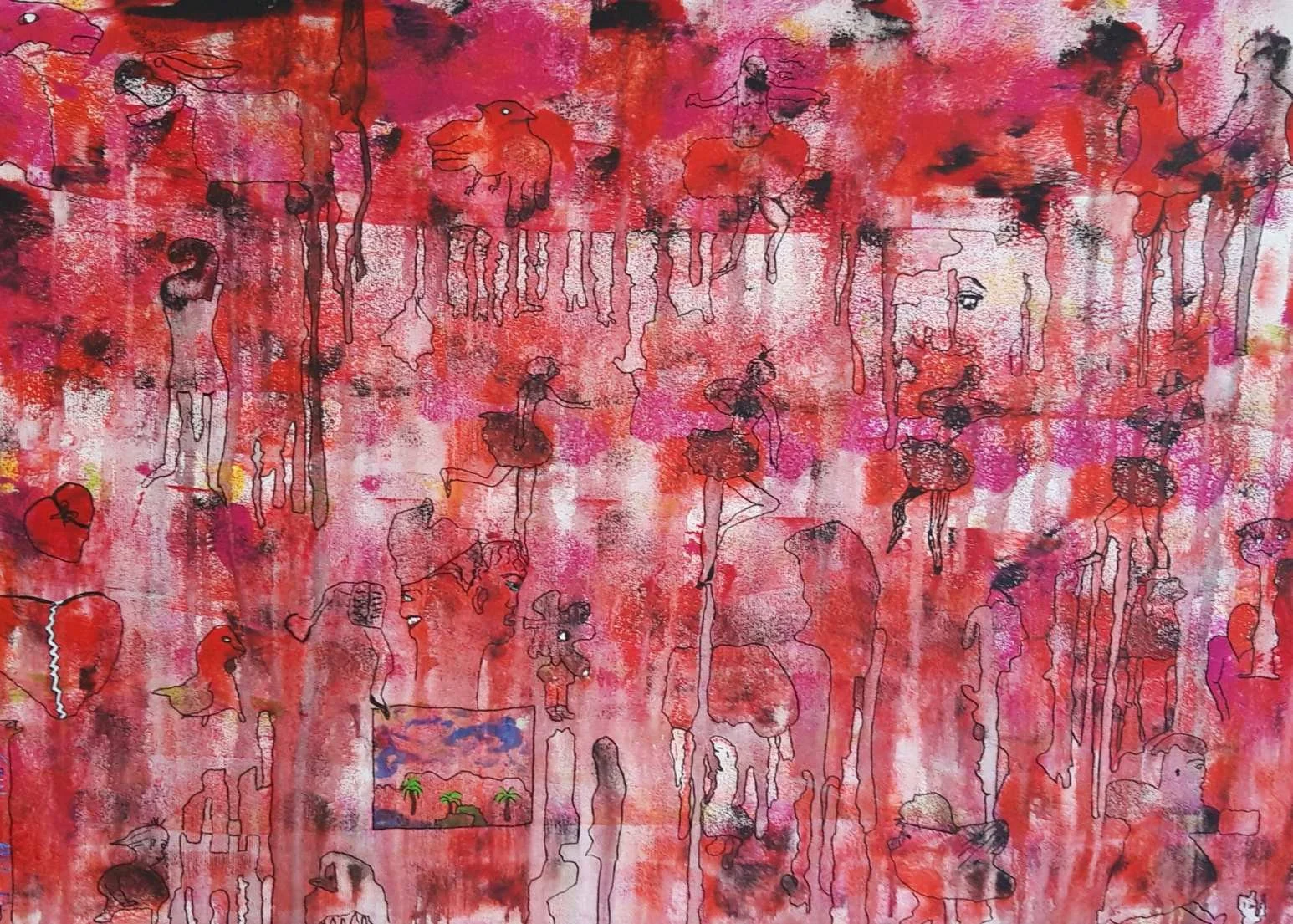 Abstrakte Kunst mit roten, pinken und schwarzen Farbklecksen, kleinen handgezeichneten Figuren, Tieren und einer kleinen rechteckigen Szene mit Palmen