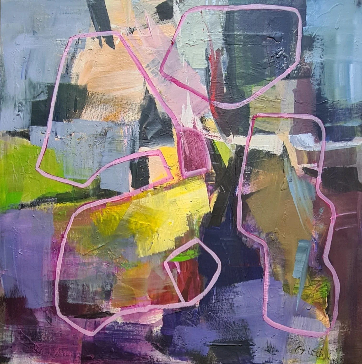 Abstraktes Gemälde mit bunten Farbflächen und pinker Linien, die eine Blume formen.