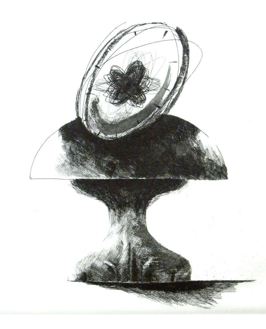 Schwarz-weiß-Zeichnung eines surrealen Kopfes, dessen Oberteil durch eine Schale mit einer abstrakten Blume ersetzt ist, auf einem Sockel.