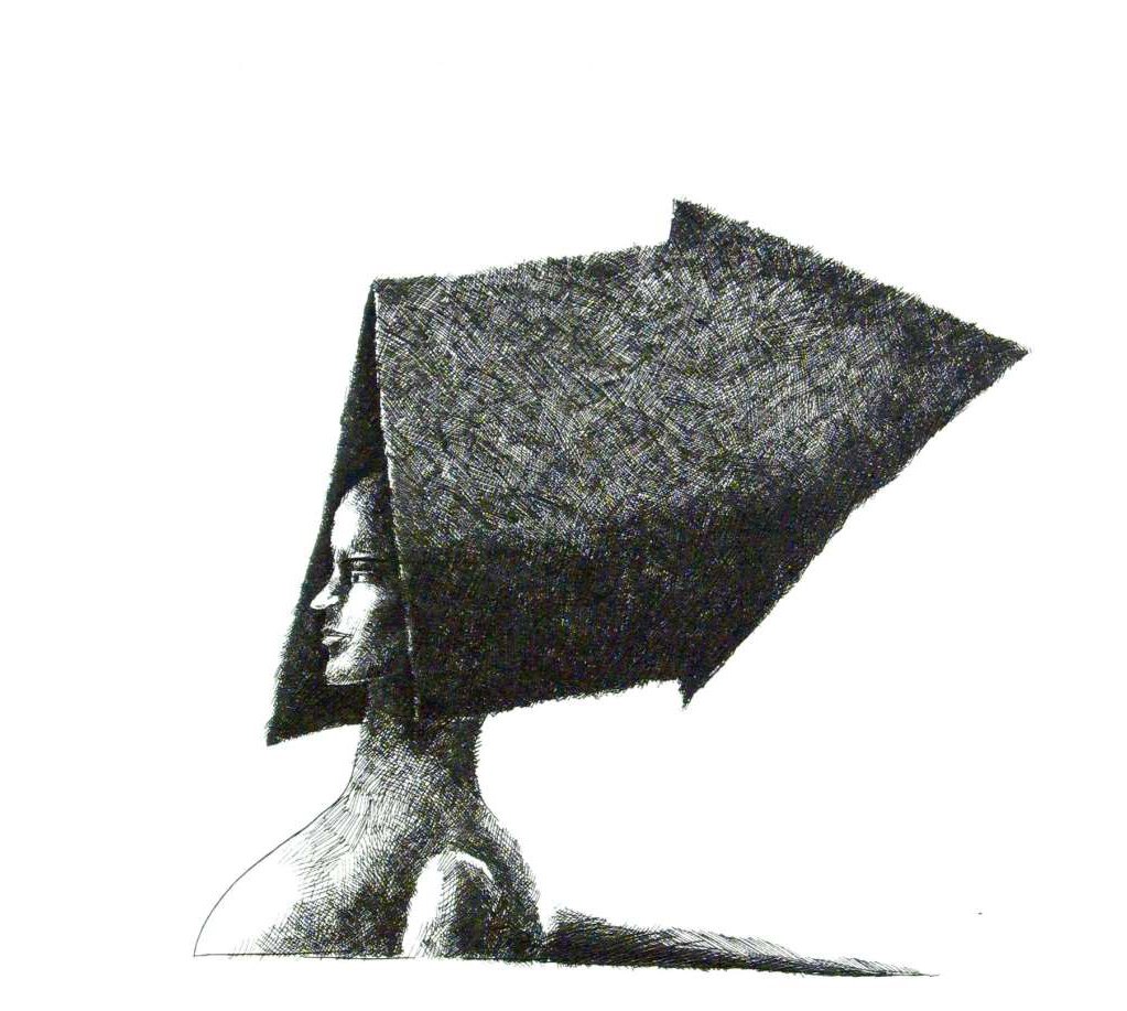 Zeichnung einer Frau mit einem großen, schwarzen Hut, Blick nach links, künstlerischer Stil.