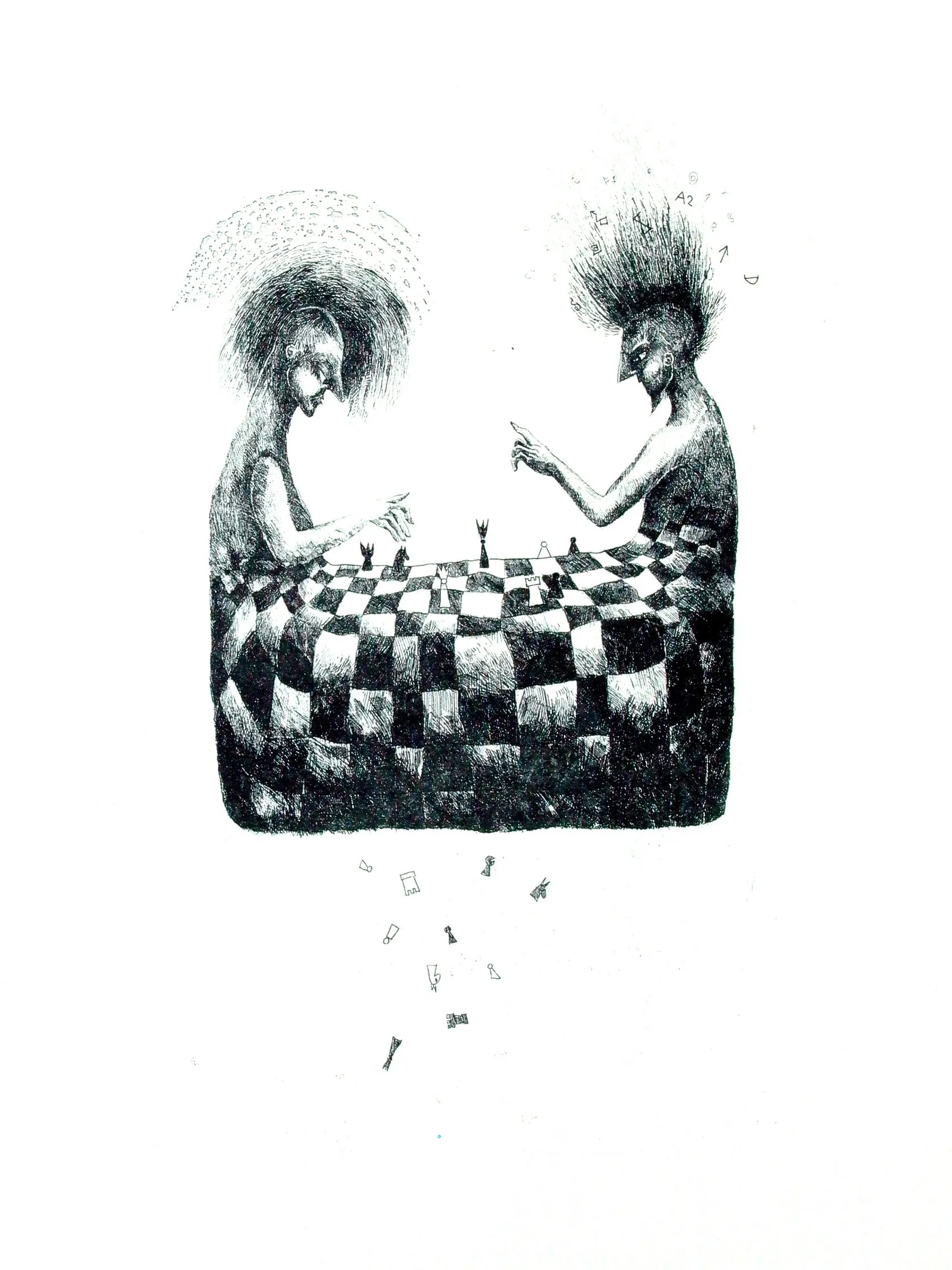 Zwei Menschen spielen Schach an einem Tisch mit einer Checkermusterdecke, beide mit unordentlichem, welligem Haar. Das Bild ist schwarz-weiß und hat einen skizzenhaften Stil.