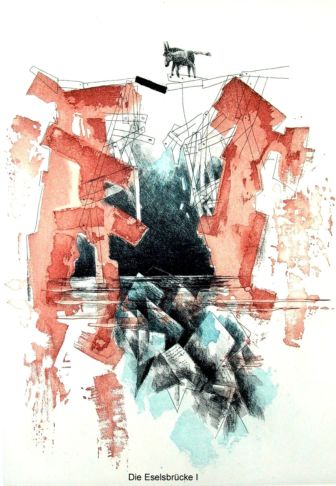 Abstrakte Illustration einer Brücke mit einem Hund auf der Brücke und einem Hund, der unter Wasser schwimmt.