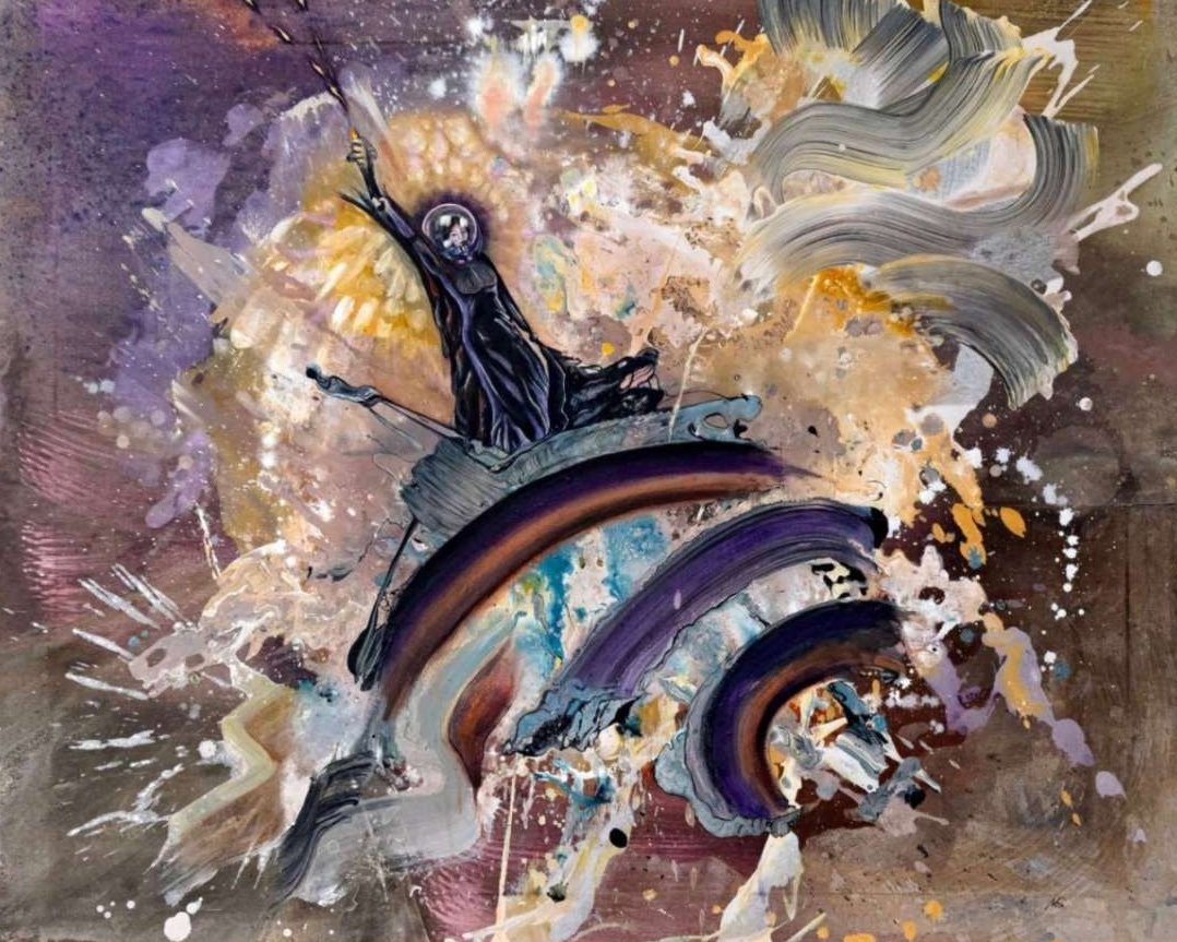 Abstraktes Gemälde mit einer schwarzen Figur, die auf einem Bogen steht, umgeben von bunten Pinselstrichen und Farbspritzern in Gold, Lila, Blau, Grau und Weiß.